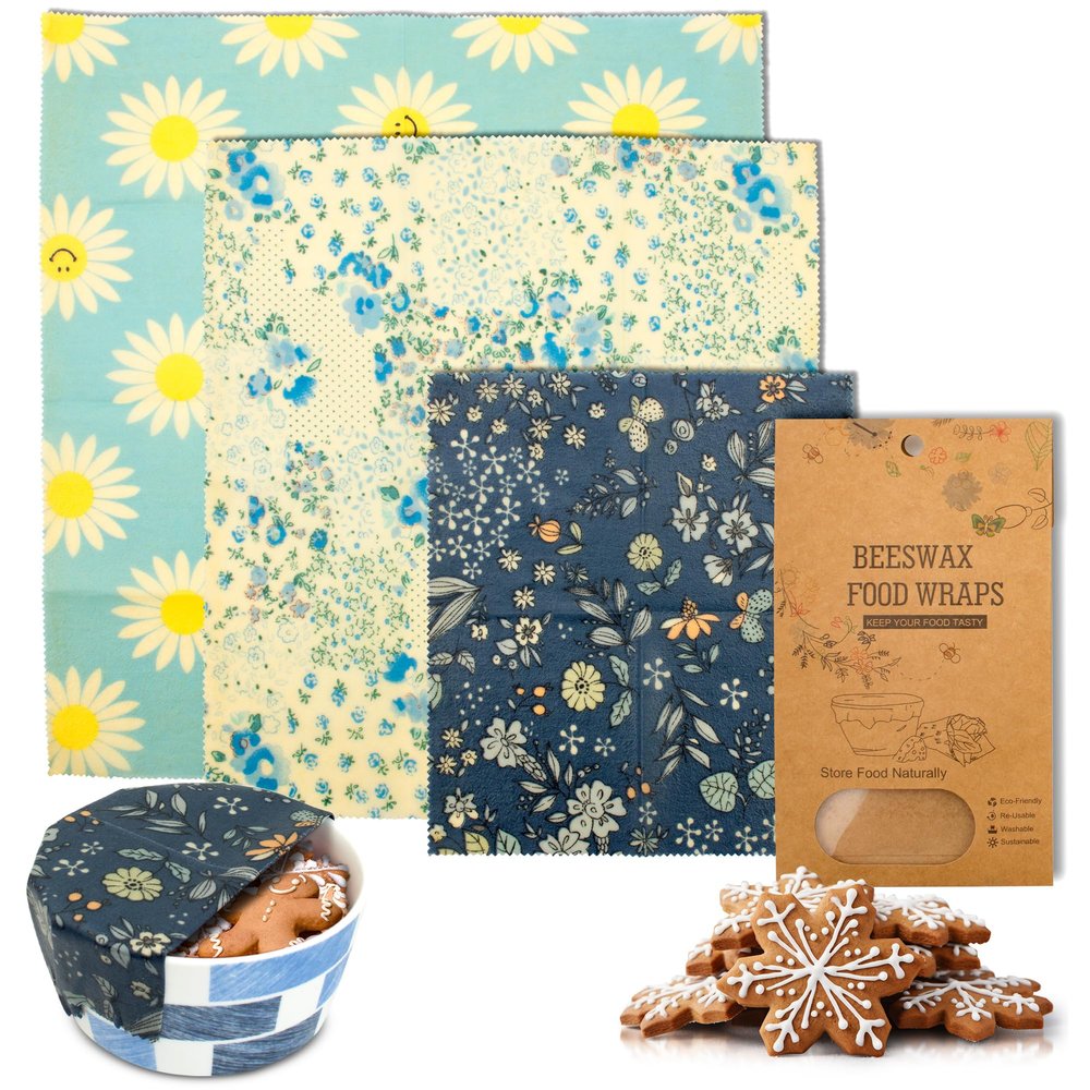 Pack of 3 Food Wraps with Flower Print. Washable Reusable Food Wrap for Sandwiches, Dough Covering. Organic Wraps for Food Reusable