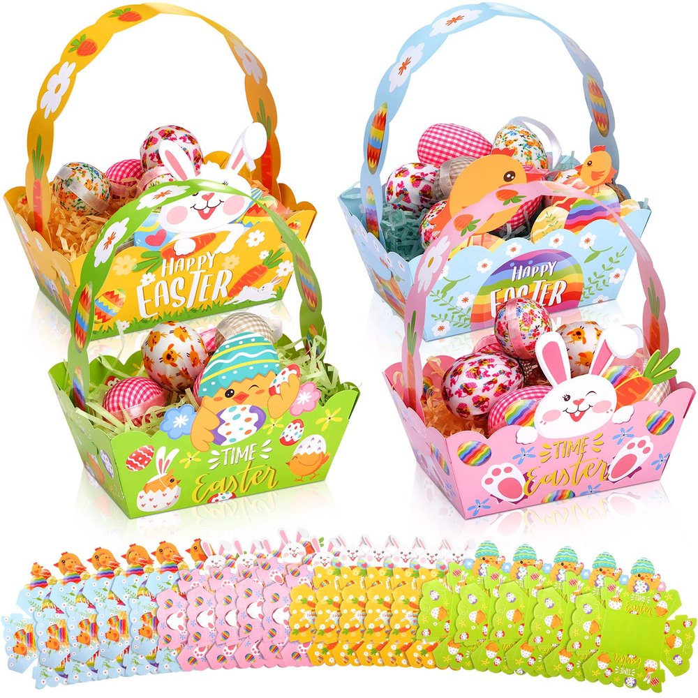Tinlade 24 Pieces Mini Easter Baskets Easter Treat Box Happy Easter Gift Boxes with Handles School Easter Day Party Favor Bunny Party Decoration