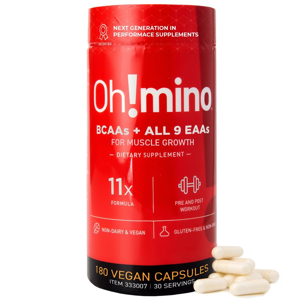 Oh!mino Essential Amino Acids Supplement, Caffeinated Capsules, All 9 EAAs, BCAAs, The Perfect Amino for Workouts, Amino Energy, and to Build Muscle, and Recover Faster