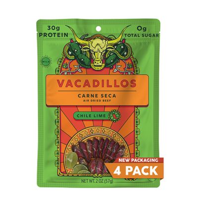 Vacadillos - High Protein Carne Seca | 30g Protein, Sugar Free, Carbs Free, Gluten Free, Dairy Free, Keto & Paleo Friendly | Mexican Inspired Beef Jerky Snack | Chile Lime, Pack Of 4