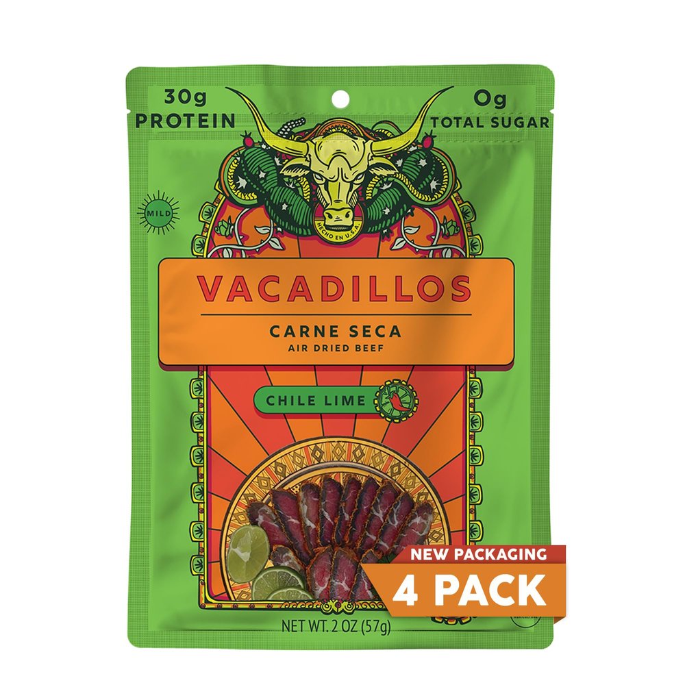 Vacadillos - High Protein Carne Seca | 30g Protein, Sugar Free, Carbs Free, Gluten Free, Dairy Free, Keto & Paleo Friendly | Mexican Inspired Beef Jerky Snack | Chile Lime, Pack Of 4
