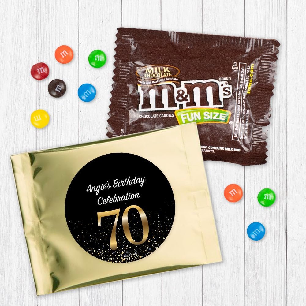 12ct Personalized 70th Birthday M&M's Candy Favors Fun Size Candy Bags (12 Pack) - Gold Foil - (3 x 4in) Milk Chocolate, Party Supplies