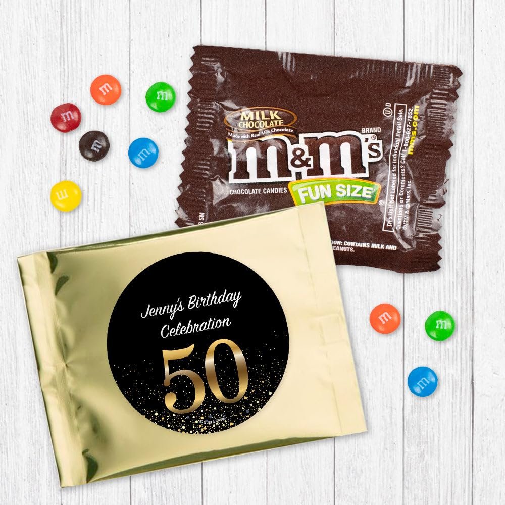 12ct Personalized 50th Birthday M&M's Candy Favors Fun Size Candy Bags (12 Pack) - Gold Foil - (3 x 4in) Milk Chocolate, Party Supplies