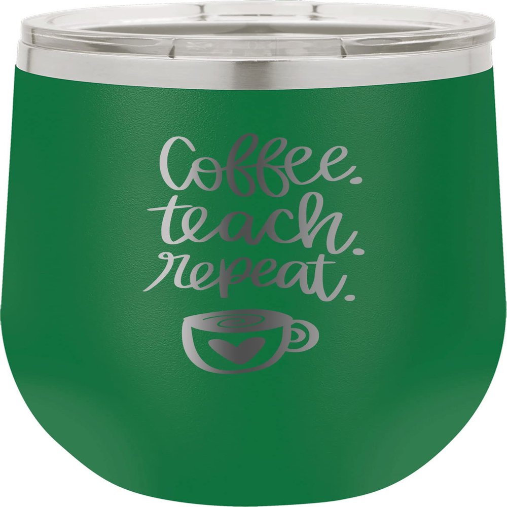 CustomGiftsNow Coffee. Teach. Repeat. - Teacher - Stainless Steel Double-Wall Insulated 12-Ounce Truck Car Travel Coffee Cup Wine Tumbler Mug with Lid