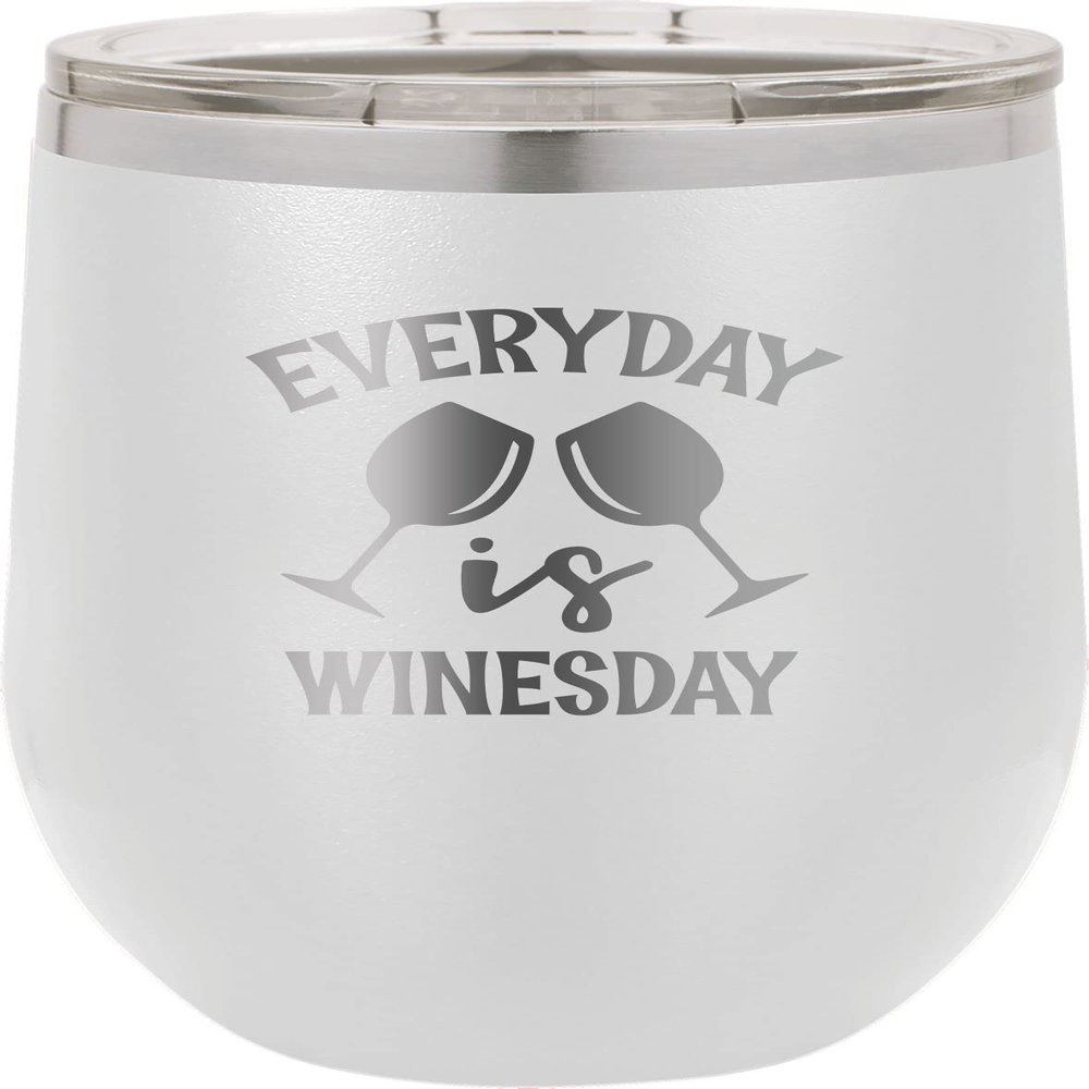CustomGiftsNow Everyday is Winesday - Stainless Steel Double-Wall Insulated 12-Ounce Truck Car Travel Coffee Cup Wine Tumbler Mug with Lid