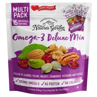 Nature's Garden Omega 3 Deluxe Mix - Trail Mix Nuts, Heart Healthy, Gluten Free, Cholesterol Free, Sodium Free, No Artificial Ingredients - 1.2 oz Bags (15 Individual Servings)