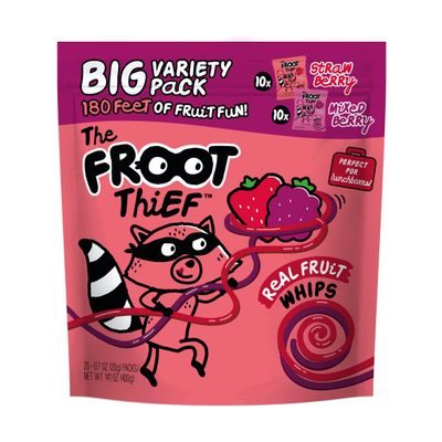 The FROOT Thief Real Fruit Snack Whips BIG Variety Pack, Nut Free, Individual Bags for Kids School Lunches, 10xStrawberry, 10xMixed Berry