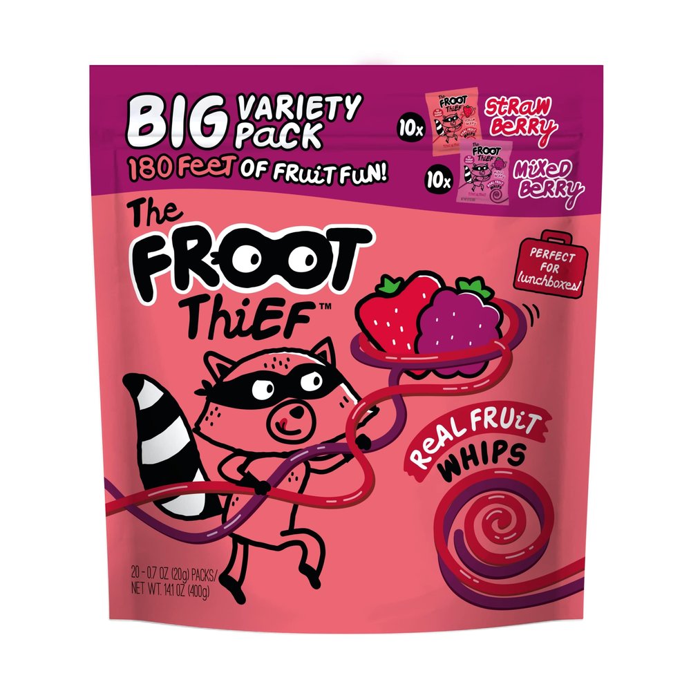 The FROOT Thief Real Fruit Snack Whips BIG Variety Pack, Nut Free, Individual Bags for Kids School Lunches, 10xStrawberry, 10xMixed Berry
