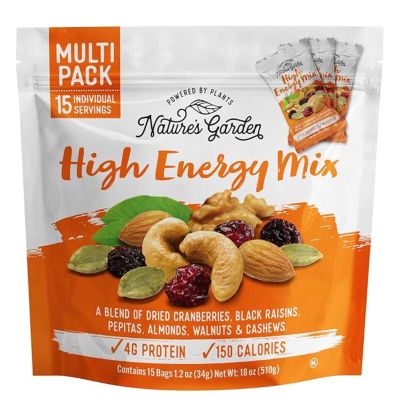 Nature's Garden High Energy Mix, Deluxe Mixed Nuts, Energy Boost, High Energy Trail Mix, Cranberries, Raisins, Almonds, Walnuts, Cholesterol Free, Sodium Free, No Artificial Ingredients 1.2 Oz Bags (15 Individual Servings)