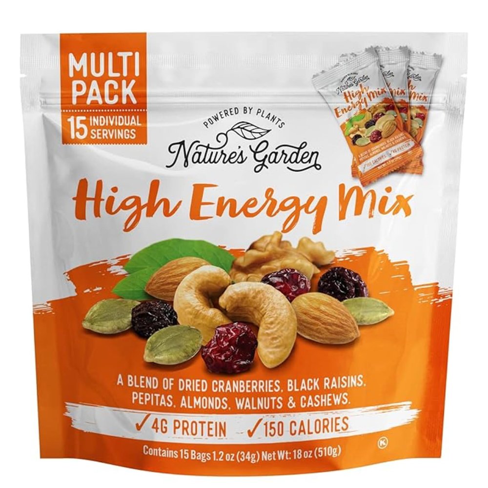 Nature's Garden High Energy Mix, Deluxe Mixed Nuts, Energy Boost, High Energy Trail Mix, Cranberries, Raisins, Almonds, Walnuts, Cholesterol Free, Sodium Free, No Artificial Ingredients  1.2 Oz Bags (15 Individual Servings)