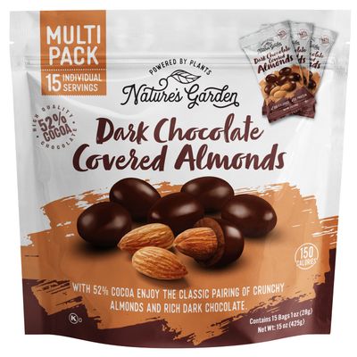 Nature's Garden Dark Chocolate Covered Almonds Snack Packs  No Trans Fat, Indulgent Snack, Dark Chocolate Almonds, Kosher Certified  1 Oz Bags (15 Individual Servings)