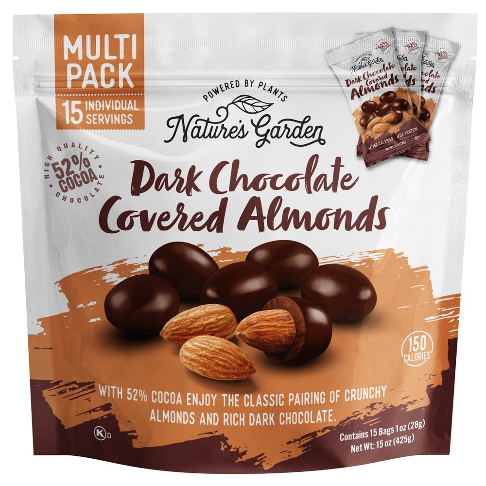 Nature's Garden Dark Chocolate Covered Almonds Snack Packs  No Trans Fat, Indulgent Snack, Dark Chocolate Almonds, Kosher Certified  1 Oz Bags (15 Individual Servings)