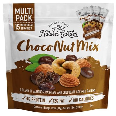 Nature's Garden Choco Nut Mix, Chocolate Covered Raisins, Almonds, Cashews, Cholesterol Free, Sodium Free, No Artificial Ingredients 1.2 Oz Bags (15 Individual Servings)