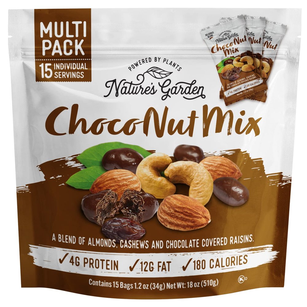 Nature's Garden Choco Nut Mix, Chocolate Covered Raisins, Almonds, Cashews, Cholesterol Free, Sodium Free, No Artificial Ingredients  1.2 Oz Bags (15 Individual Servings)