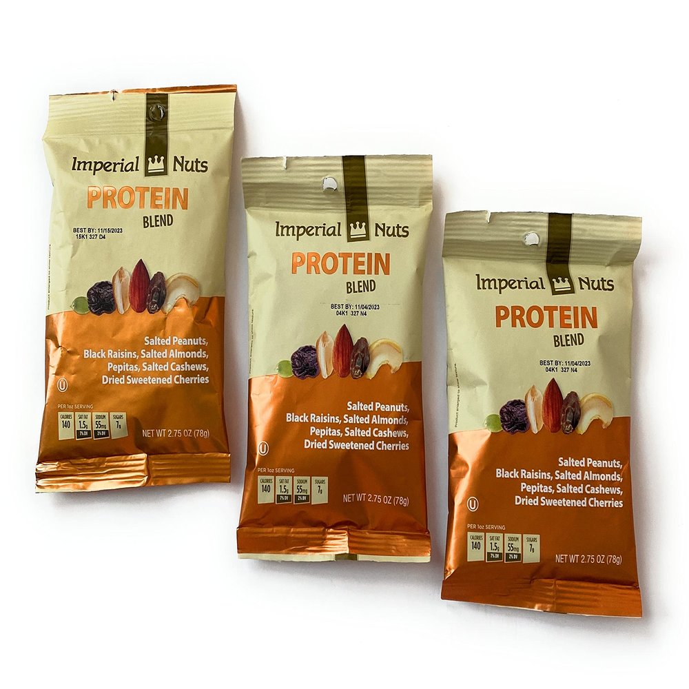 CABE Nuts Protein Blend 3 Packs 2.75oz Each Content Salted Peanuts Black Raisins Salted Almonds Pepitas Salted Cashews Dried Sweetened Cherries