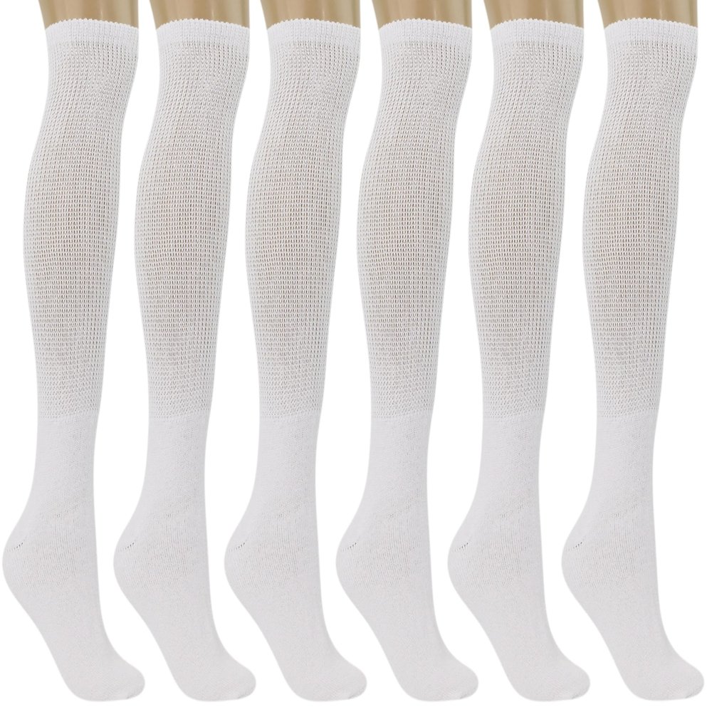 AWS/American Made 6 Pairs White Over the Calf Diabetic Relief Socks for Men with Non-Binding Top (Sock Size 13-15)