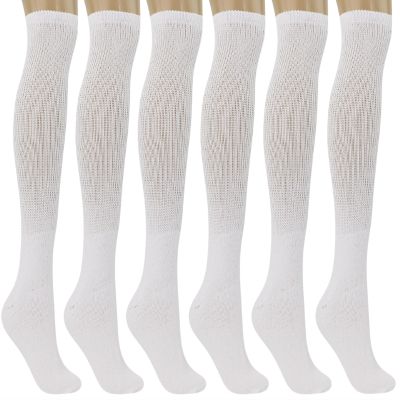 AWS/American Made 6 Pairs White Over the Calf Diabetic Relief Socks for Men with Non-Binding Top (Sock Size 9-11)