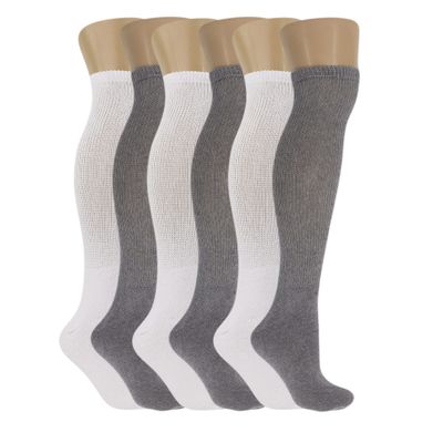 AWS/American Made Diabetic Over the Calf Socks for Men Extra Wide Non-Binding Top with Cushioned Sole (White-3 Pairs, Gray-3 Pairs, Sock Size 9-11)