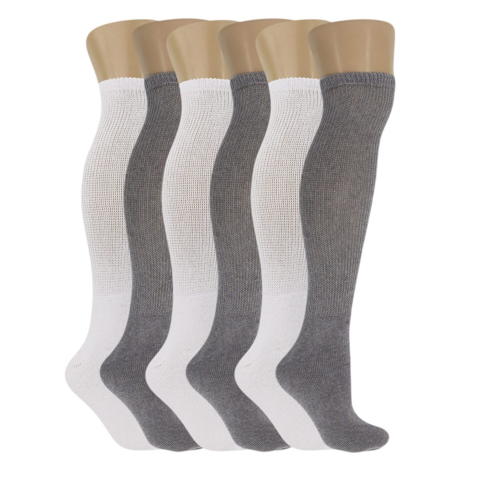 AWS/American Made Diabetic Over the Calf Socks for Men Extra Wide Non-Binding Top with Cushioned Sole (White-3 Pairs, Gray-3 Pairs, Sock Size 9-11)