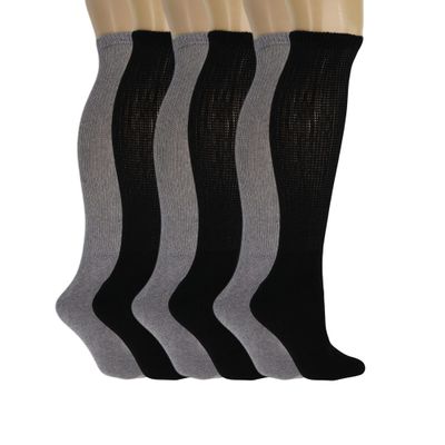 AWS/American Made Diabetic Over the Calf Socks for Men Extra Wide Non-Binding Top with Cushioned Sole (Black-3 Pairs, Gray-3 Pairs, Sock Size 9-11)