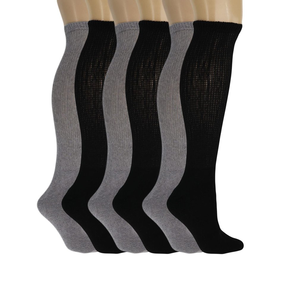 AWS/American Made Diabetic Over the Calf Socks for Men Extra Wide Non-Binding Top with Cushioned Sole (Black-3 Pairs, Gray-3 Pairs, Sock Size 9-11)