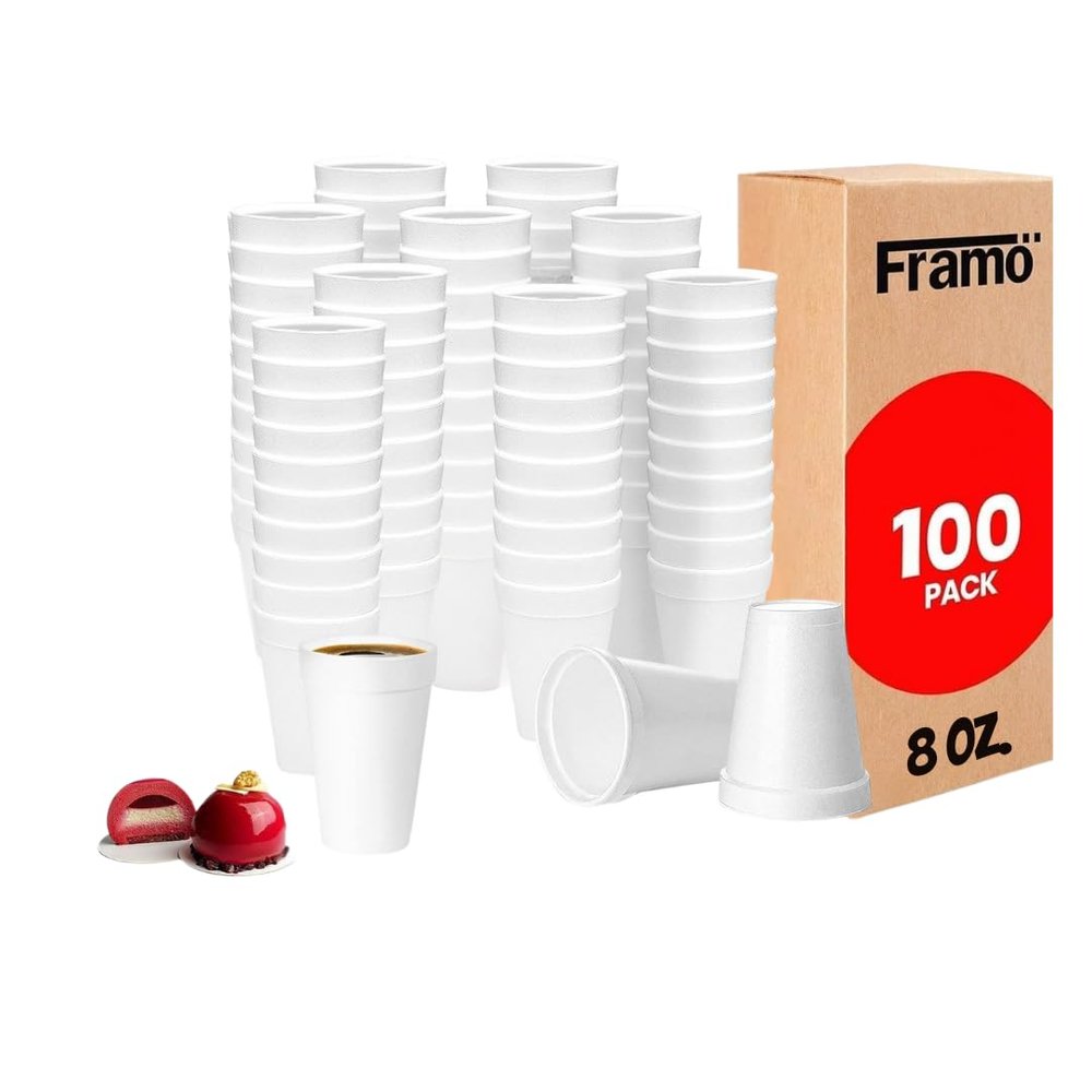 8 Oz Foam Coffee Cups, [100 Pack] Disposable Insulated Hot Drinkware for Home Office or Church, Sturdy White Foam Cups Serving Hot and Cold Beverages, Drink Service Daily, Ideal in Breakrooms