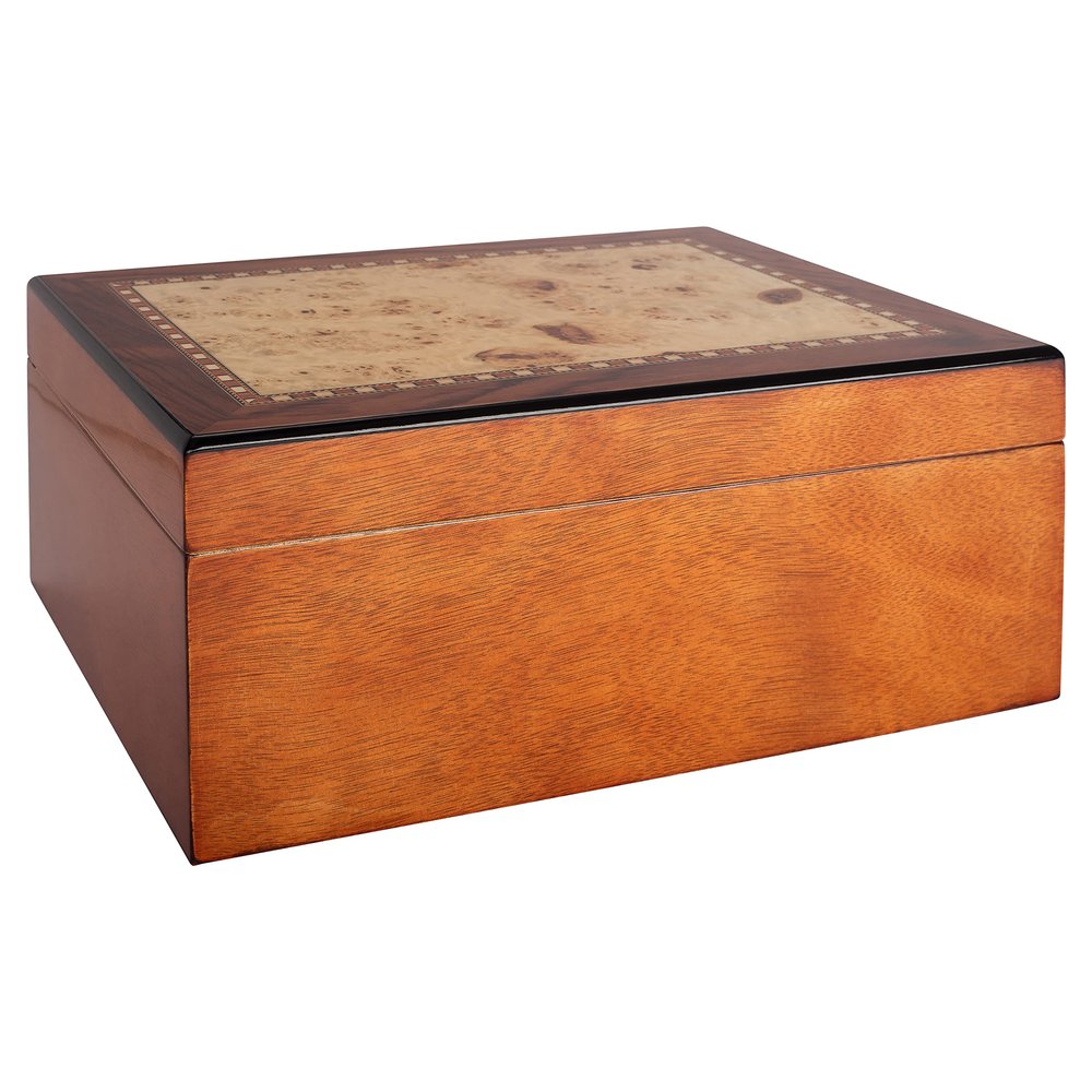 Humidor Supreme Desktop Cigar Handcrafted Bubinga Wood Mapa Burl Decorative Maple Inlay Glass Hygrometer Spanish Cedar Tray, Holds 50-85 Cigars (Pristina)