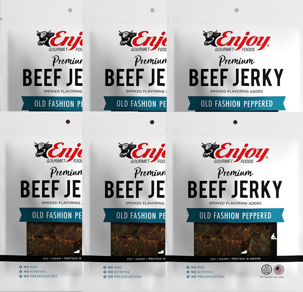 Enjoy Old Fashion Peppered Beef Jerky 3 oz (Pack of 6) | Traditional Style | High Protein | Low Fat | Zero Trans Fat | No Preservatives | No MSG | No Nitrites | USA Made | Resealable Bags