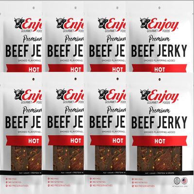 Enjoy Hot Beef Jerky 8 oz (Pack of 8) | Traditional Style | High Protein | Low Fat | Zero Trans Fat | No Preservatives | No MSG | No Nitrites | USA Made | Resealable Bags