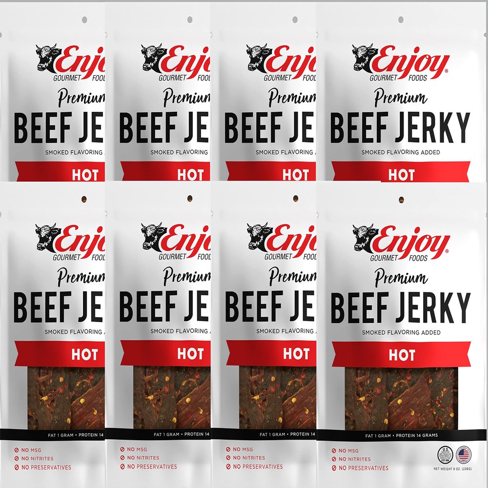 Enjoy Hot Beef Jerky 8 oz (Pack of 8) | Traditional Style | High Protein | Low Fat | Zero Trans Fat | No Preservatives | No MSG | No Nitrites | USA Made | Resealable Bags