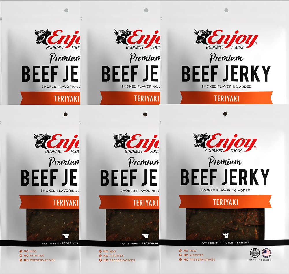 Enjoy Teriyaki Beef Jerky 3 oz (Pack of 6) | Traditional Style | High Protein | Low Fat | Zero Trans Fat | No Preservatives | No MSG | No Nitrites | USA Made | Resealable Bags