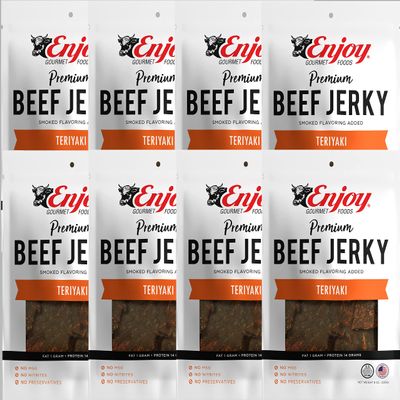 Enjoy Teriyaki Beef Jerky 8 oz (Pack of 8) | Traditional Style | High Protein | Low Fat | Zero Trans Fat | No Preservatives | No MSG | No Nitrites | USA Made | Resealable Bags