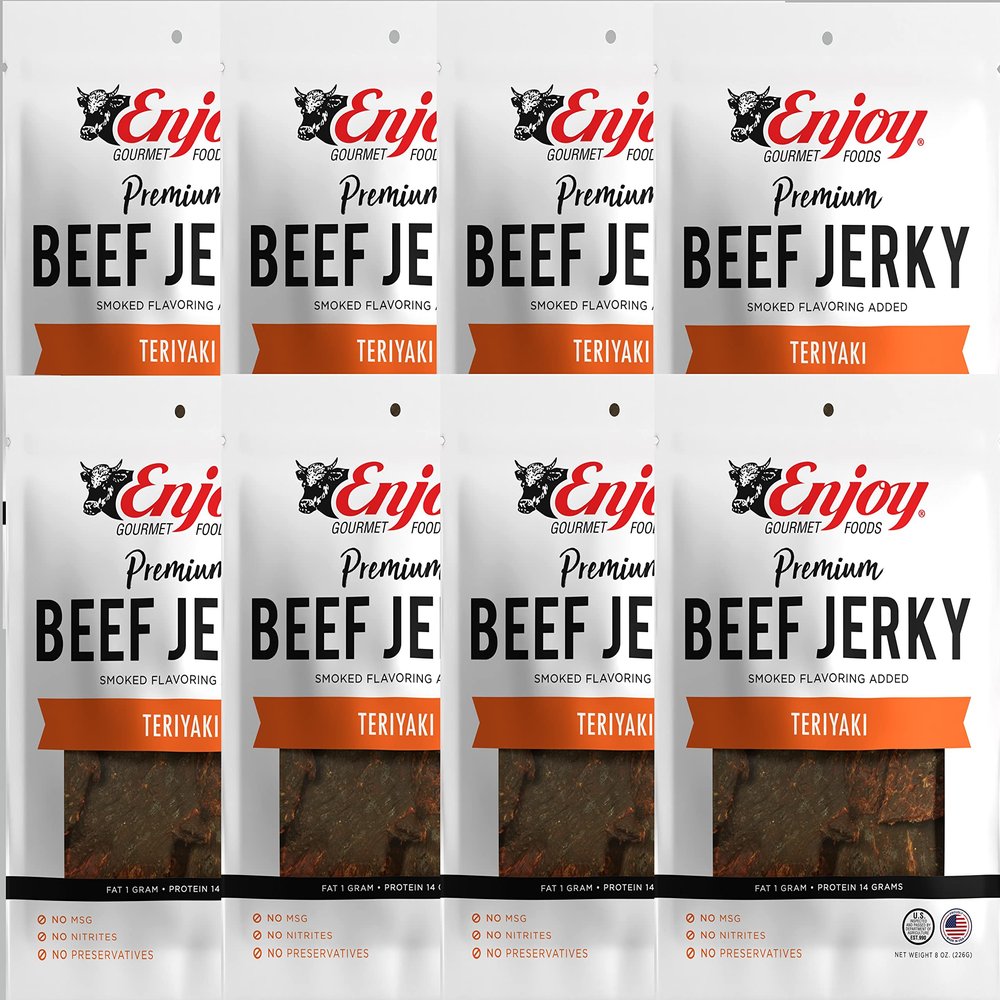 Enjoy Teriyaki Beef Jerky 8 oz (Pack of 8) | Traditional Style | High Protein | Low Fat | Zero Trans Fat | No Preservatives | No MSG | No Nitrites | USA Made | Resealable Bags