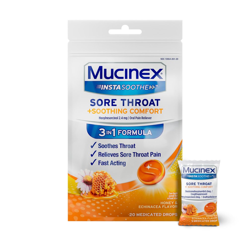 Mucinex Instasoothe Sore Throat Relief Drops, Sore Throat Lozenges, Sore Throat Medicine with Hexylresorcinol, Cough Drops Alternative, Honey & Echinacea Flavor Medicated Numbing Throat Drops, 20 ct