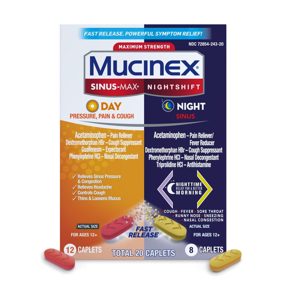 Mucinex Maximum Strength Sinus-Max (Day) Pressure, Pain & Cough & Nightshift (Night) Sinus Caplets, Fast Release, Powerful Multi-Symptom Relief, 20 caplets (12 Day time + 8 Night time)