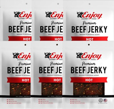 Enjoy Hot Beef Jerky 3 oz (Pack of 6) | Traditional Style | High Protein | Low Fat | Zero Trans Fat | No Preservatives | No MSG | No Nitrites | USA Made | Resealable Bags