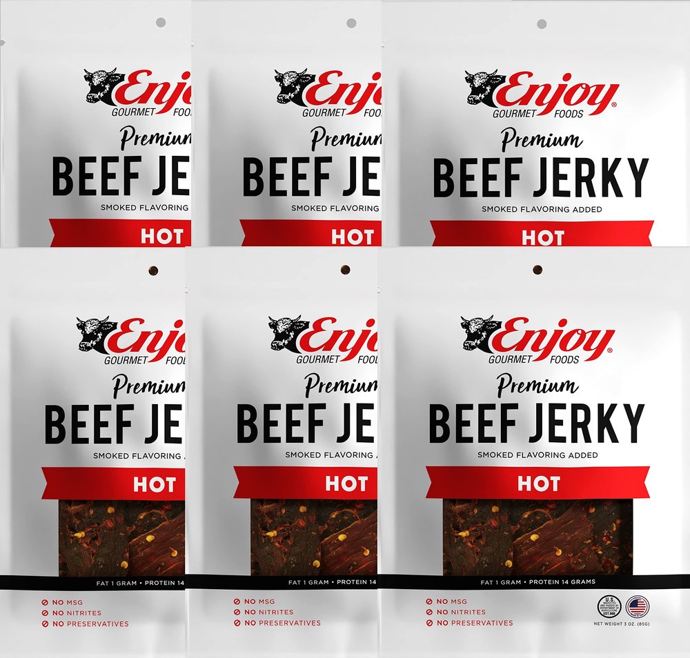 Enjoy Hot Beef Jerky 3 oz (Pack of 6) | Traditional Style | High Protein | Low Fat | Zero Trans Fat | No Preservatives | No MSG | No Nitrites | USA Made | Resealable Bags