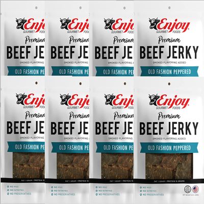 Enjoy Old Fashion Peppered Beef Jerky 8 oz (Pack of 8) | Traditional Style | High Protein | Low Fat, Zero Trans Fat | No Preservatives | No MSG | No Nitrites | USA Made | Resealable Bags