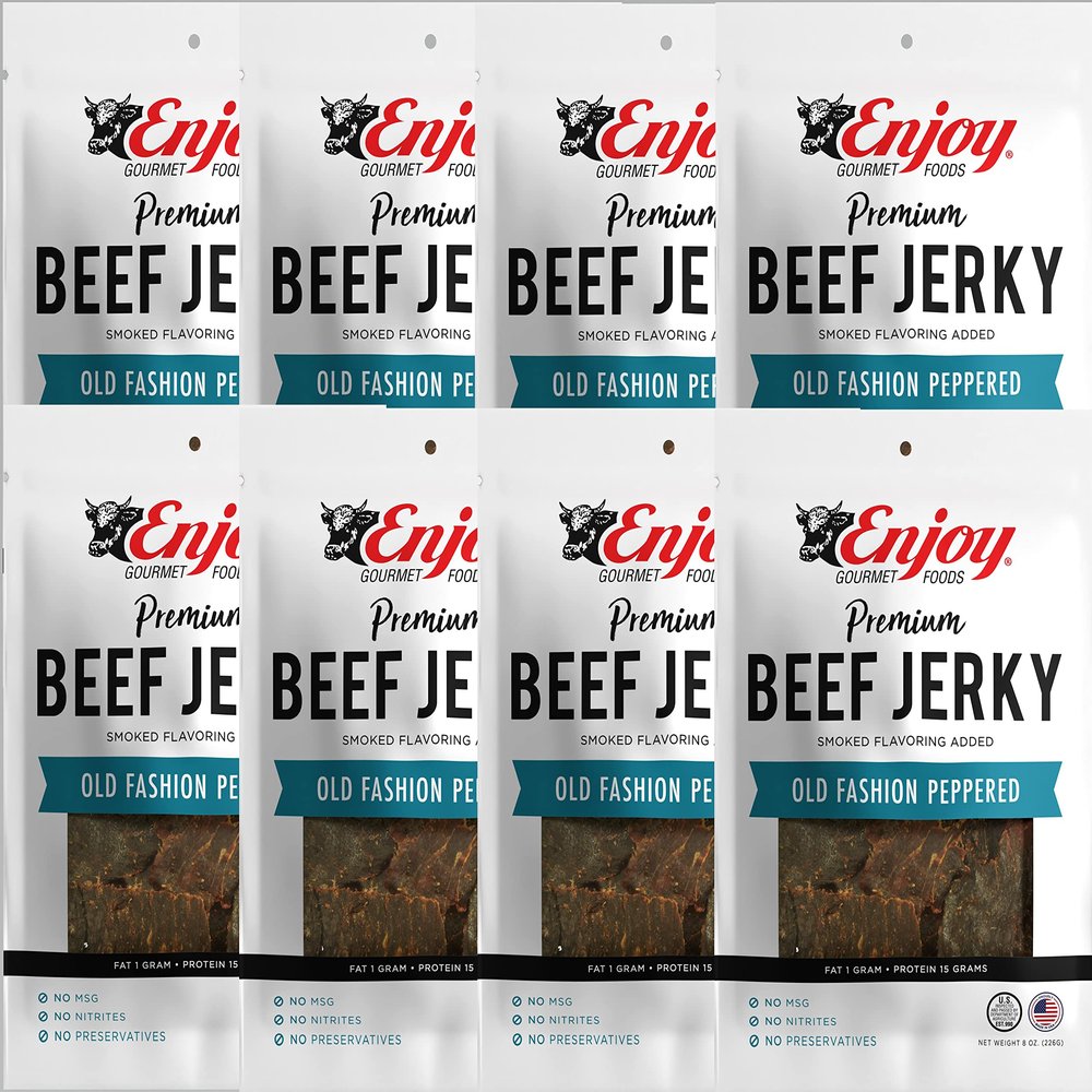 Enjoy Old Fashion Peppered Beef Jerky 8 oz (Pack of 8) | Traditional Style | High Protein | Low Fat, Zero Trans Fat | No Preservatives | No MSG | No Nitrites | USA Made | Resealable Bags
