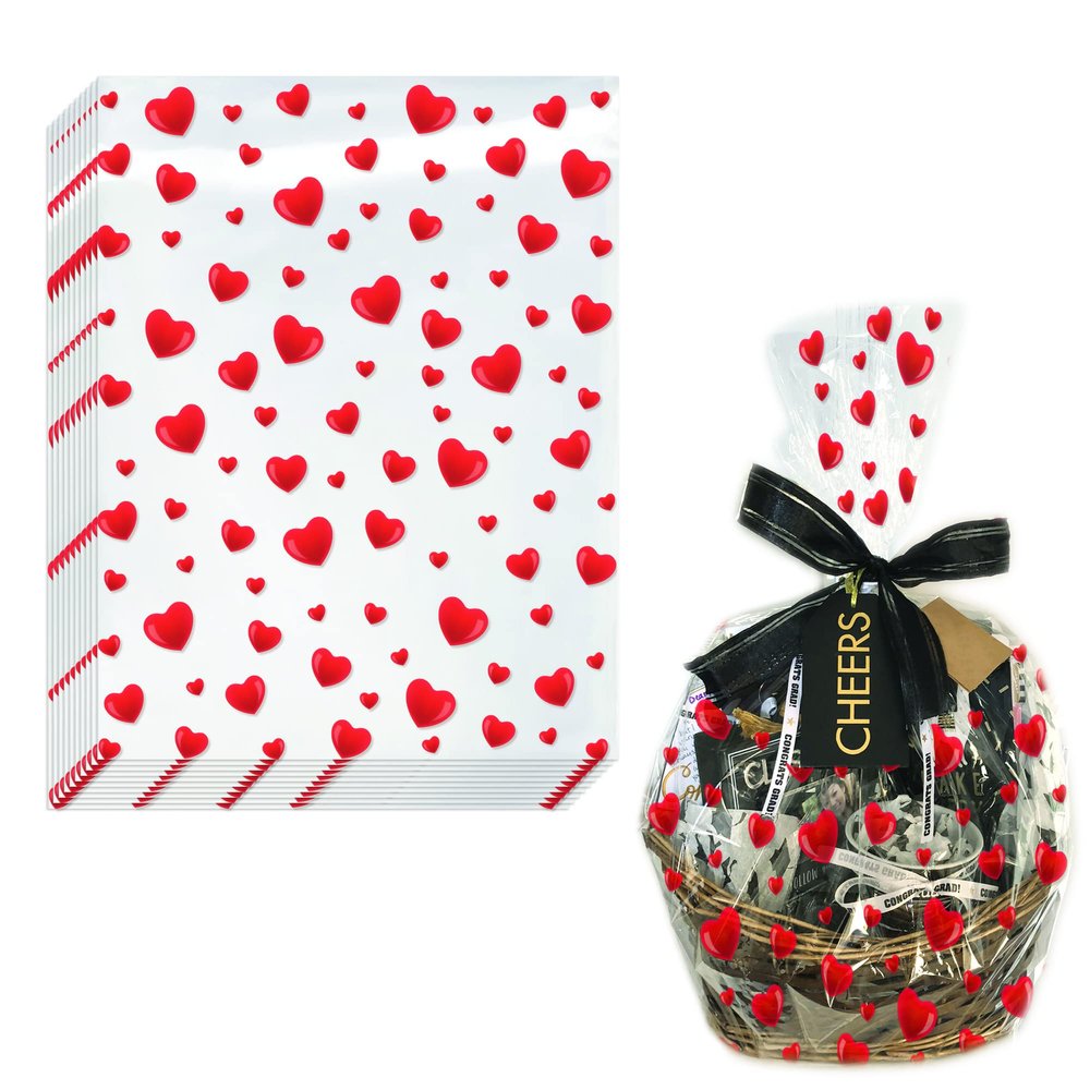 AnapoliZ Cellophane Wrap Bags with Hearts | (10 Pcs) X-Large 24 in X 30 in | 2.5 Mil Thick Crystal Clear Cellophane Bags with Hearts | Gifts, Baskets Wrapping | Valentines, Mothers Day Baskets