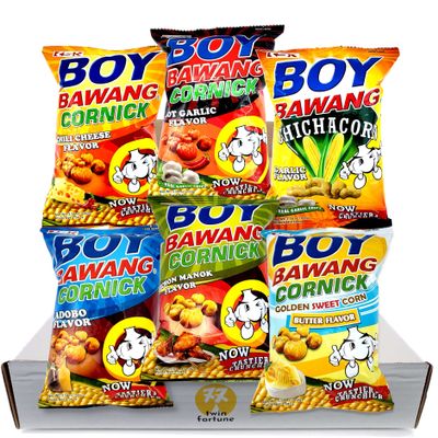 Boy Bawang Cornick Corn Nuts Snack Box of 6 Flavors - Chili Cheese, Hot Garlic, Garlic, Adobo, Lechon Manok, Butter Golden Sweet Corn | 3.54oz each (Pack of 6) in Sturdy Crush Proof Box