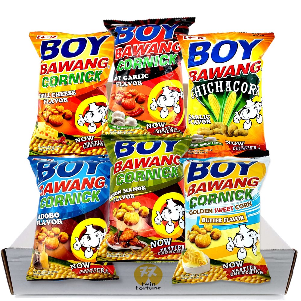 Boy Bawang Cornick Corn Nuts Snack Box of 6 Flavors - Chili Cheese, Hot Garlic, Garlic, Adobo, Lechon Manok, Butter Golden Sweet Corn | 3.54oz each (Pack of 6) in Sturdy Crush Proof Box