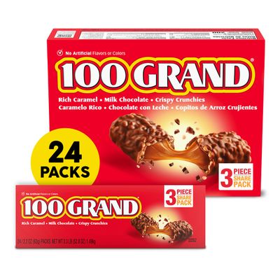 100 Grand Crispy Milk Chocolate with Caramel, Share Size Individually Wrapped Candy Bars, 2.2 oz each, Bulk 24 Count Box