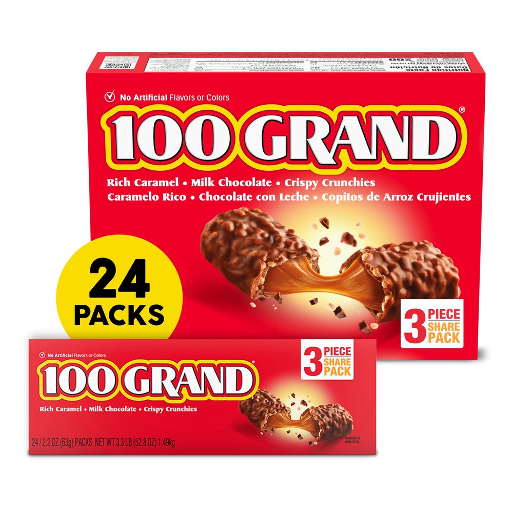 100 Grand Crispy Milk Chocolate with Caramel, Share Size Individually Wrapped Candy Bars, 2.2 oz each, Bulk 24 Count Box
