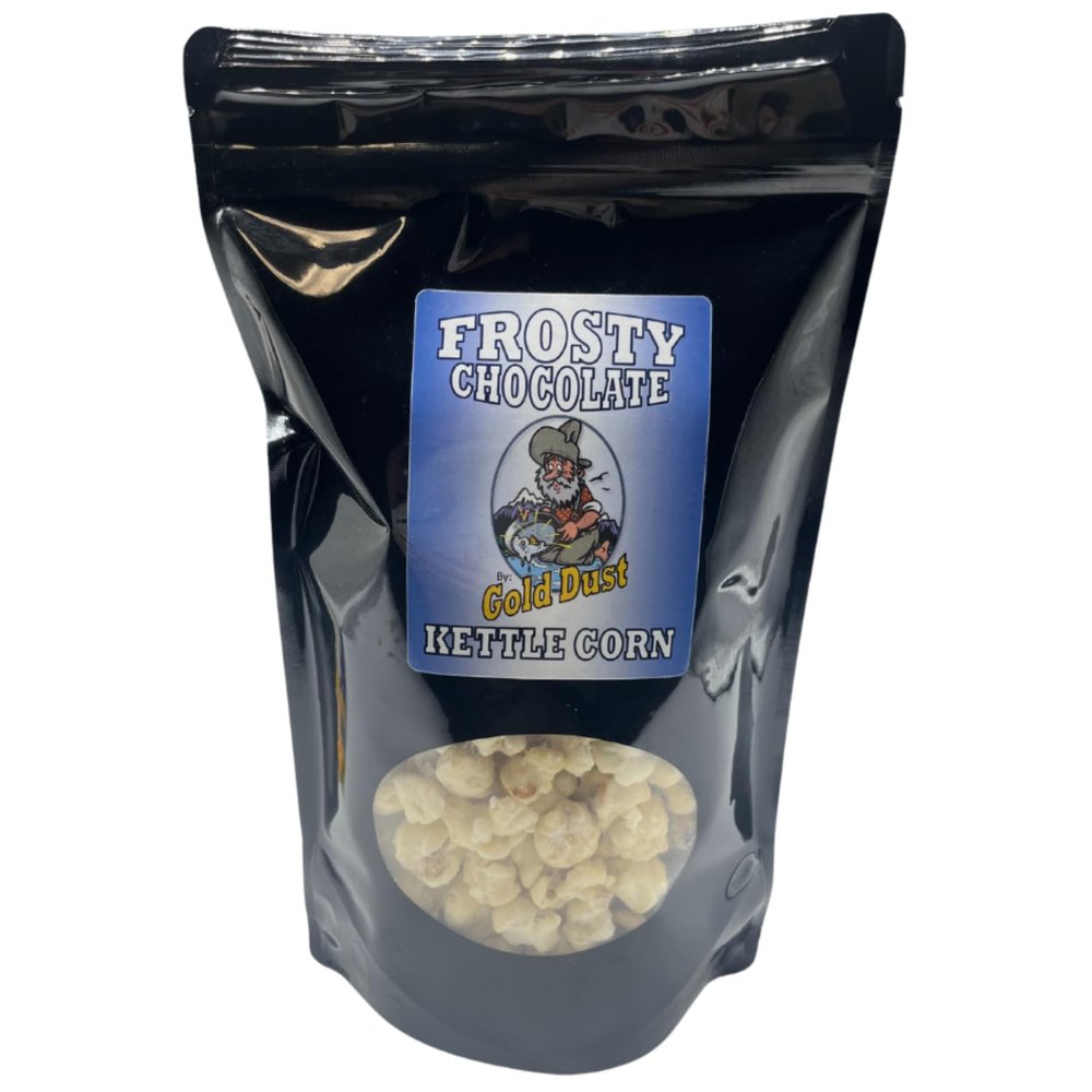 Gold Dust Kettle Corn | Frosty Chocolate | Gourmet White Chocolate Covered Kettle Corn | Sweet and Salty Popcorn | Gluten Free | Non GMO | Fresh Popped Popcorn | Nebraska Popcorn | 6 oz Bag