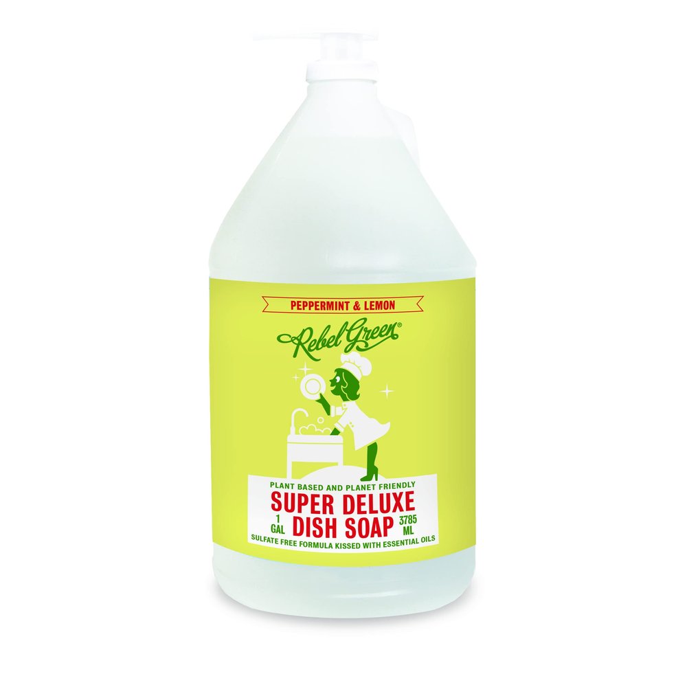 Rebel Green Super Deluxe Dish Soap - Natural Kitchen Dish Detergent - Gentle Dish Liquid Scented with Peppermint & Lemon - (1 Gallon Refill Bottle)