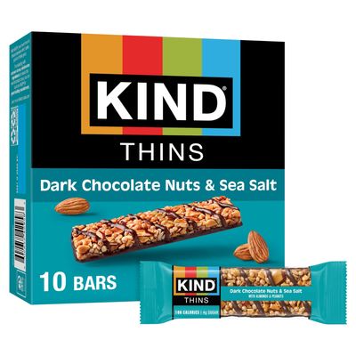 KIND THINS Dark Chocolate Nuts & Sea Salt Bars (Now with Peanuts), Gluten Free, 4g Sugar, 0.74 oz bars, 10 count
