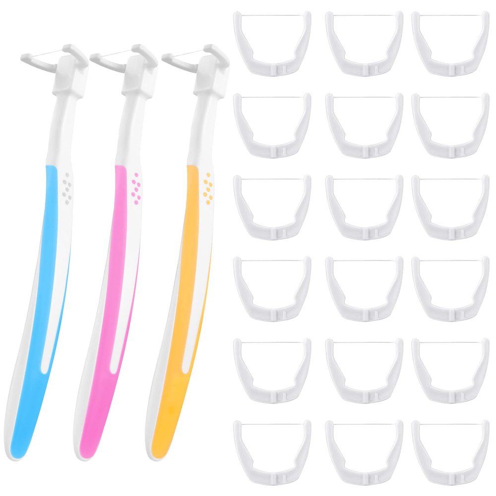 Cunhill 3 Pieces Tooth Floss Handle Reusable with 300 Pieces Dental Floss Refill Heads Unflavored Colorful Floss Interdental Toothpick Flosser for Teeth Cleaning, 3 Colors