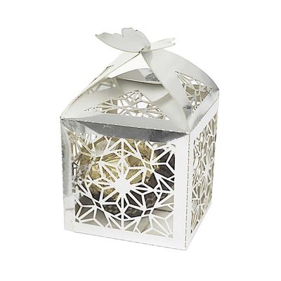 Balsa Circle 25 Silver Party Favor Gift Boxes with Laser Cut Lace Design and Butterfly Top - for Wedding Events Decorations Supplies