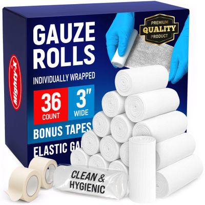 36 Gauze Rolls - 3" x 4.1yd - Soft and Breathable Rolled Gauze - Latex-Free Premium Individually Wrapped Bandages with Bonus Tape - First Aid Conforming Stretch Wrap for Wound Care - Vet Wrap